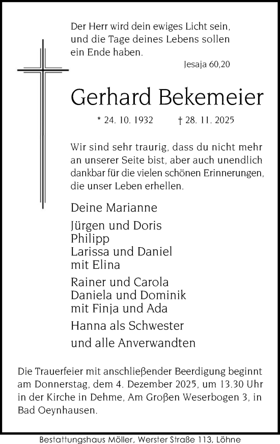 Traueranzeige von Gerhard Bekemeier von Neue Westfälische und Westfalen-Blatt