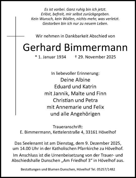 Traueranzeige von Gerhard Bimmermann von Neue Westfälische und Westfalen-Blatt