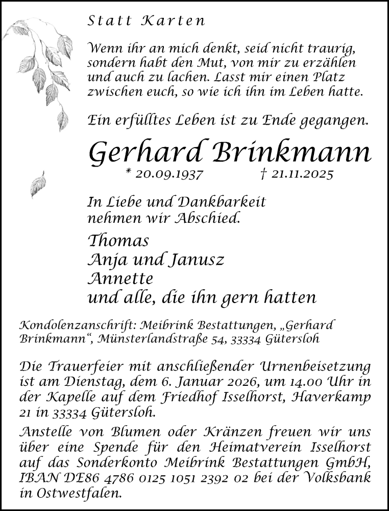  Traueranzeige für Gerhard Brinkmann vom 31.12.2025 aus Neue Westfälische und Westfalen-Blatt