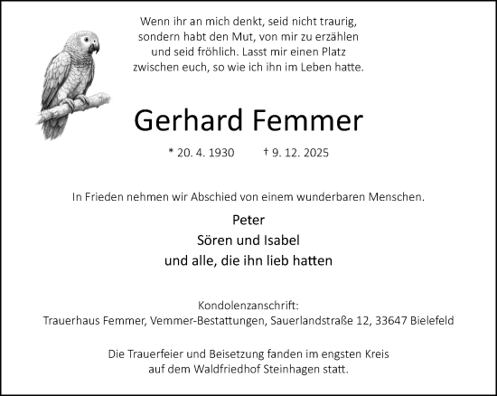 Traueranzeige von Gerhard Femmer von Neue Westfälische und Westfalen-Blatt