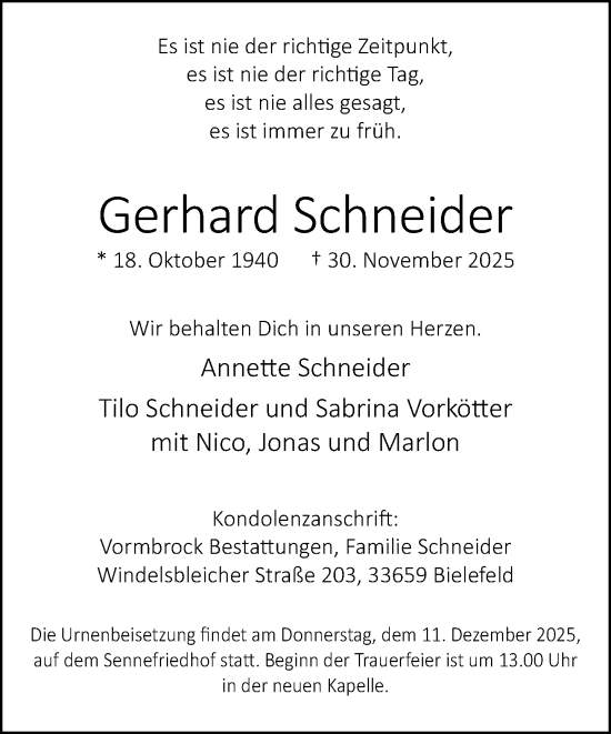 Traueranzeige von Gerhard Schneider von Neue Westfälische und Westfalen-Blatt