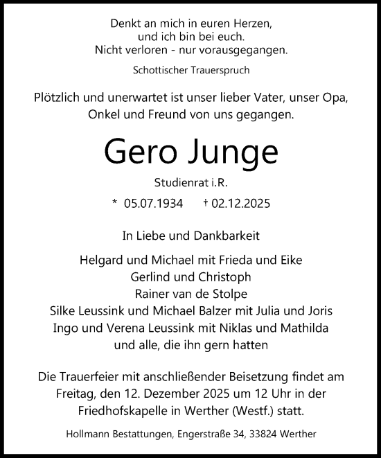 Traueranzeige von Gero Junge von Neue Westfälische und Westfalen-Blatt