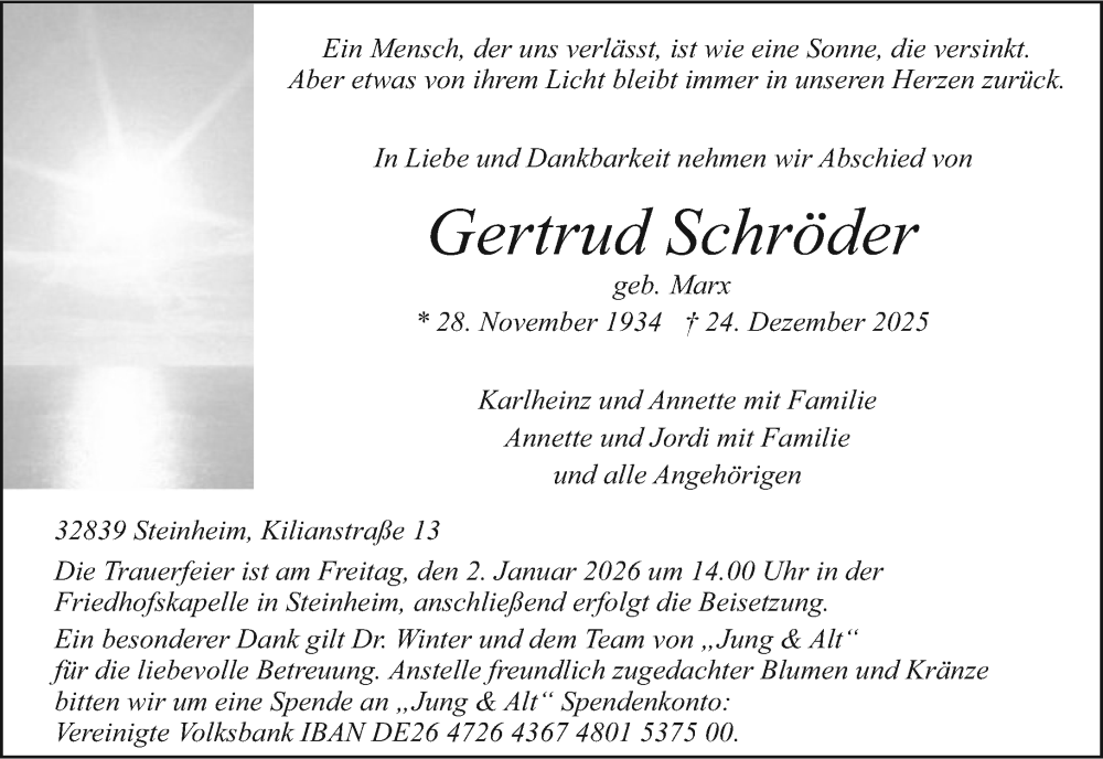  Traueranzeige für Gertrud Schröder vom 31.12.2025 aus Neue Westfälische und Westfalen-Blatt