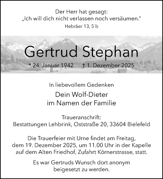 Traueranzeige von Gertrud Stephan von Neue Westfälische und Westfalen-Blatt