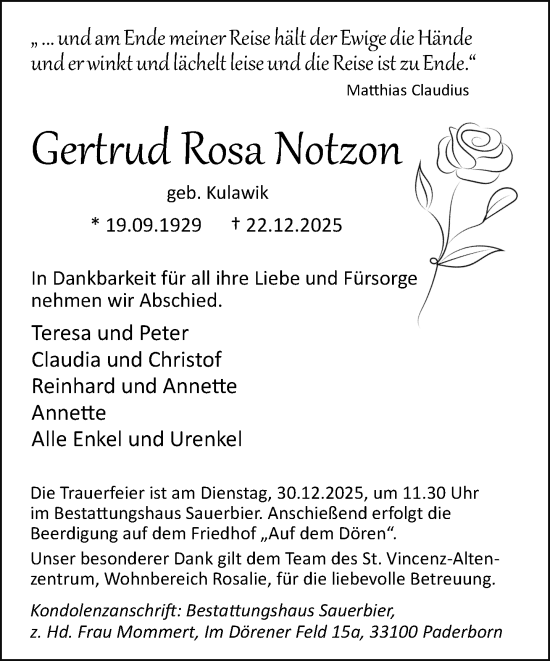 Traueranzeige von Gertrud Rosa Notzon von Neue Westfälische und Westfalen-Blatt