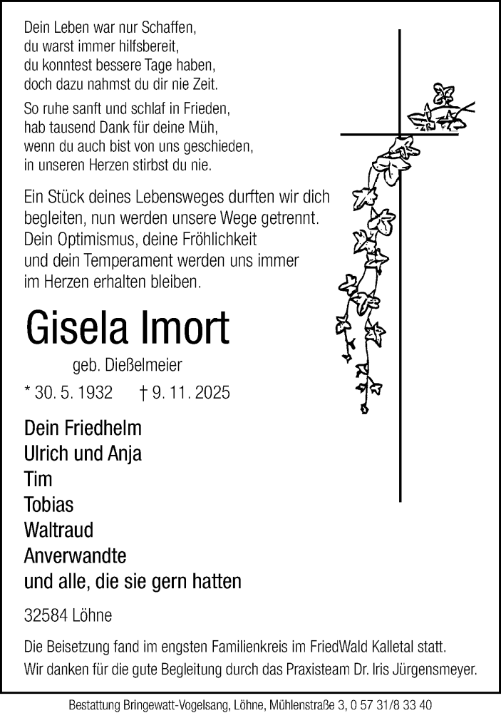  Traueranzeige für Gisela Imort vom 13.12.2025 aus Neue Westfälische und Westfalen-Blatt