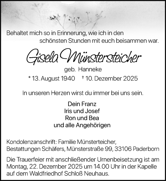 Traueranzeige von Gisela Münsterteicher von Neue Westfälische und Westfalen-Blatt