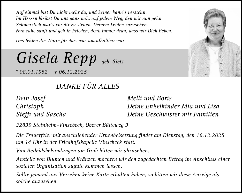  Traueranzeige für Gisela Repp vom 13.12.2025 aus Neue Westfälische und Westfalen-Blatt
