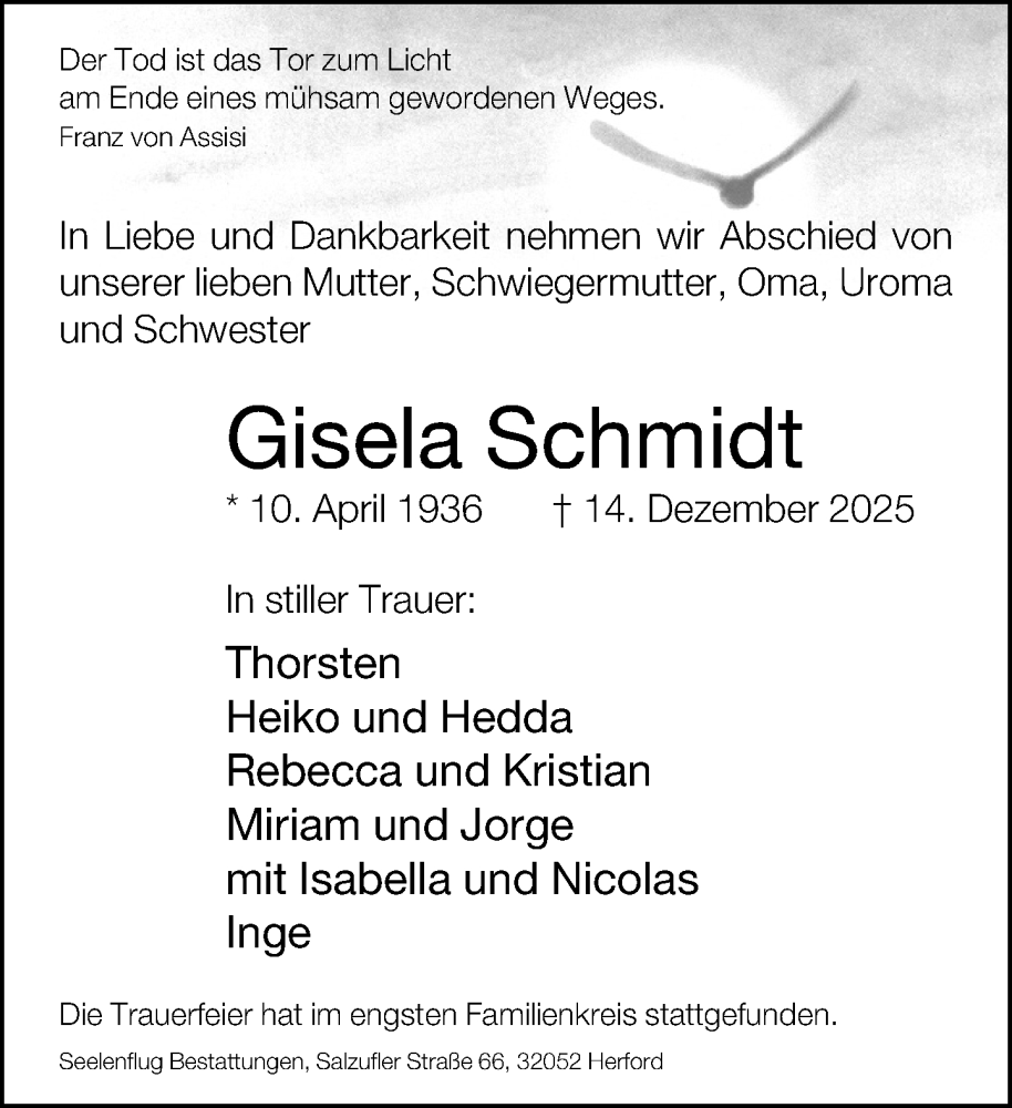  Traueranzeige für Gisela Schmidt vom 27.12.2025 aus Neue Westfälische und Westfalen-Blatt
