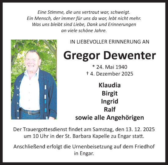 Traueranzeige von Gregor Dewenter von Neue Westfälische und Westfalen-Blatt