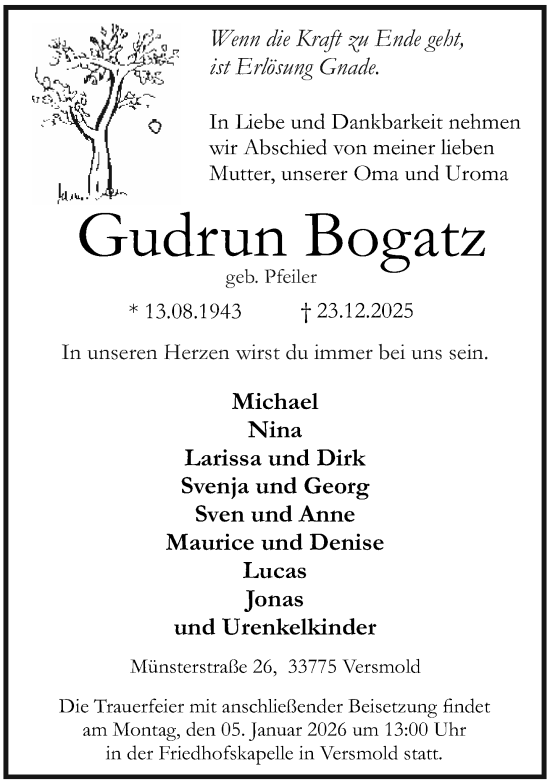 Traueranzeige von Gudrun Bogatz von Neue Westfälische und Westfalen-Blatt