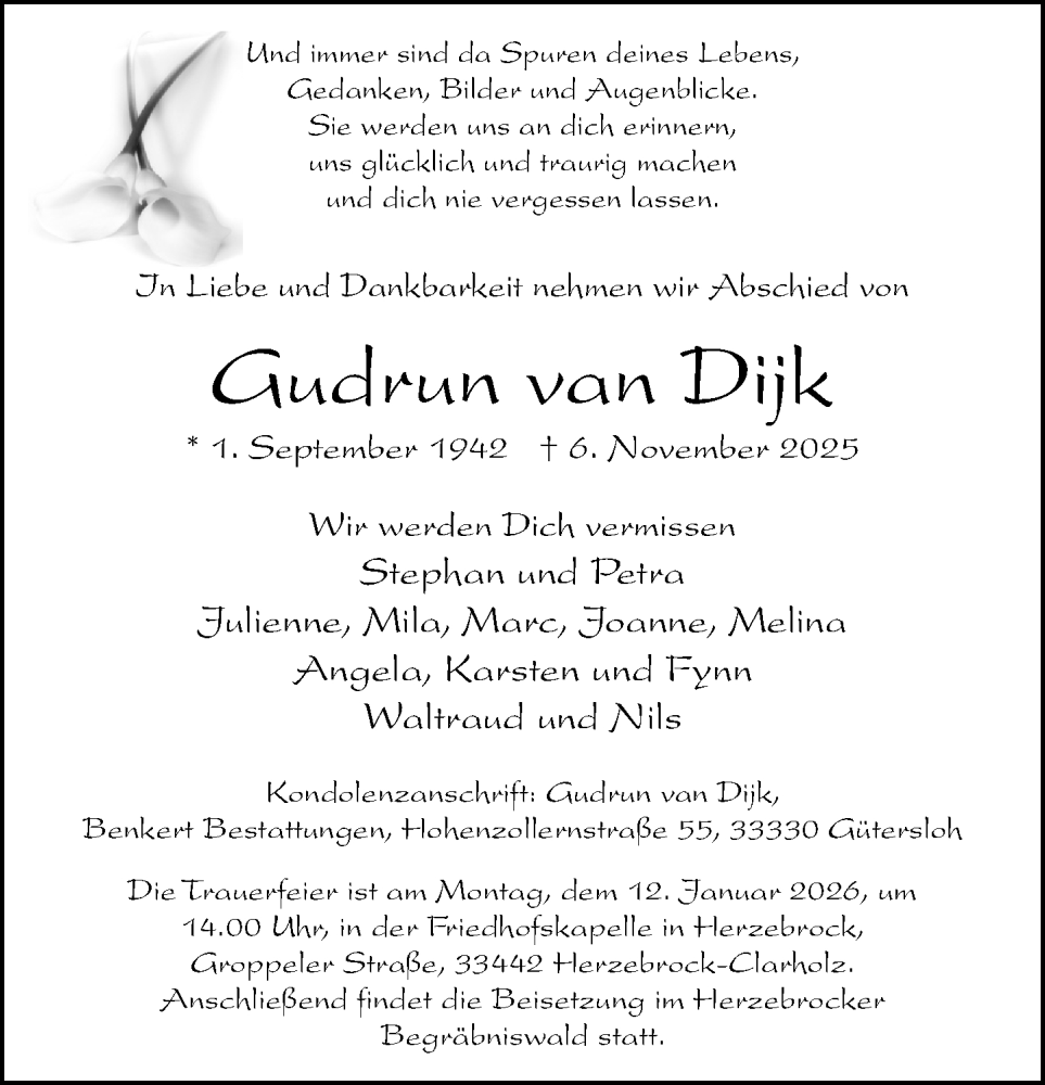  Traueranzeige für Gudrun van Dijk vom 22.12.2025 aus Neue Westfälische und Westfalen-Blatt