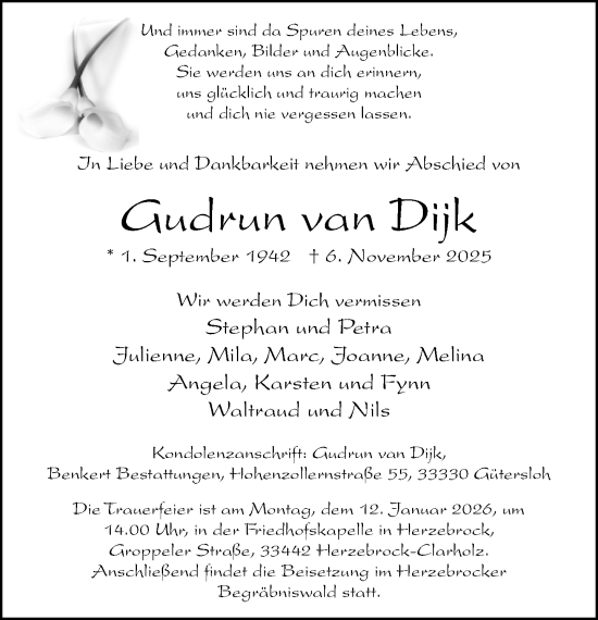 Traueranzeige von Gudrun van Dijk von Neue Westfälische und Westfalen-Blatt