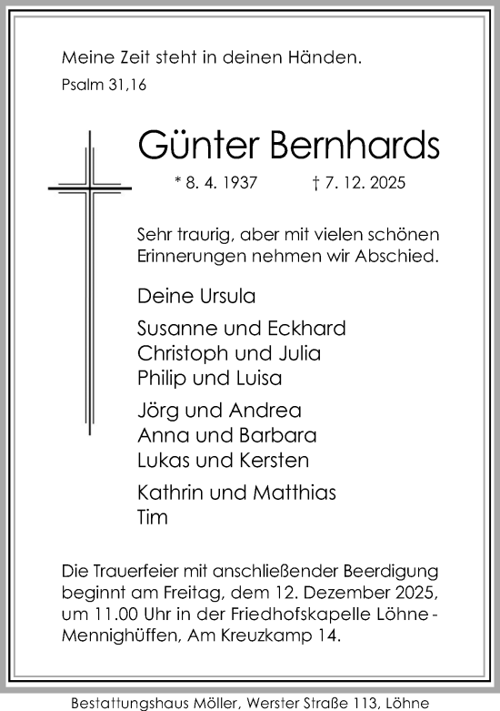 Traueranzeige von Günter Bernhards von Neue Westfälische und Westfalen-Blatt