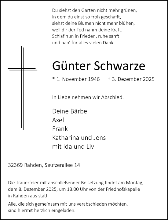 Traueranzeige von Günter Schwarze von Neue Westfälische und Westfalen-Blatt