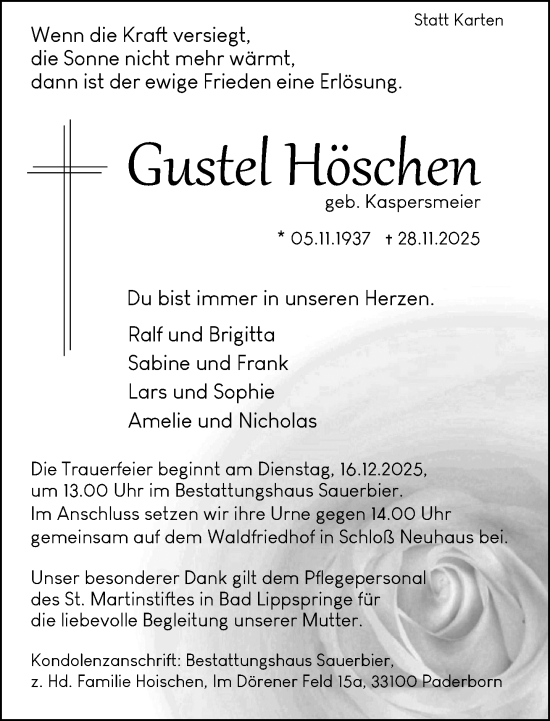 Traueranzeige von Gustel Höschen von Neue Westfälische und Westfalen-Blatt