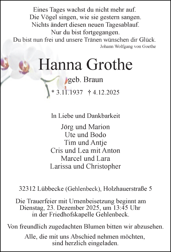 Traueranzeige von Hanna Grothe von Neue Westfälische und Westfalen-Blatt