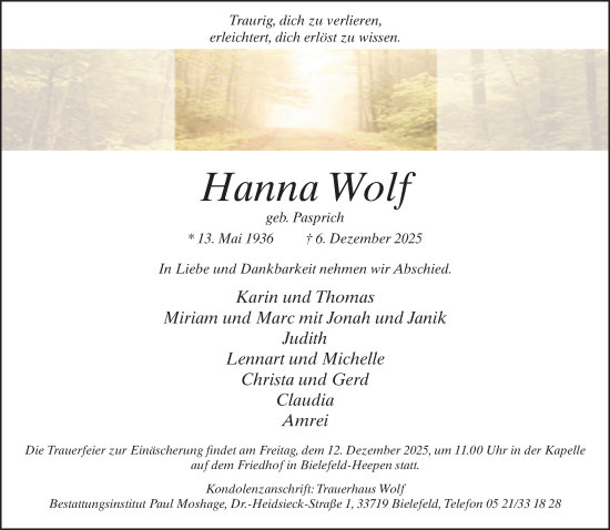 Traueranzeige von Hanna Wolf von Neue Westfälische und Westfalen-Blatt