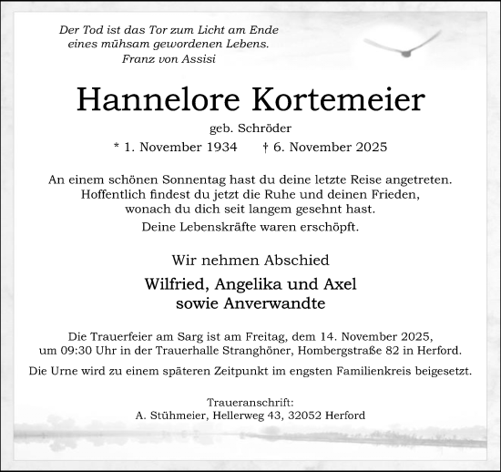 Traueranzeige von Hannelore Kortemeier von Neue Westfälische und Westfalen-Blatt