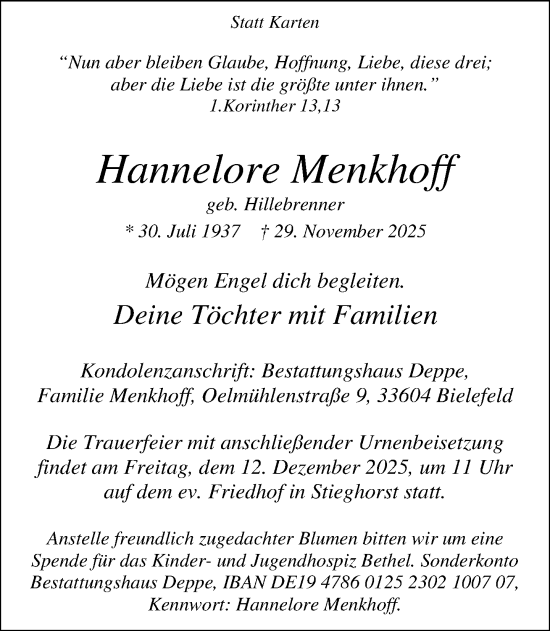 Traueranzeige von Hannelore Menkhoff von Neue Westfälische und Westfalen-Blatt