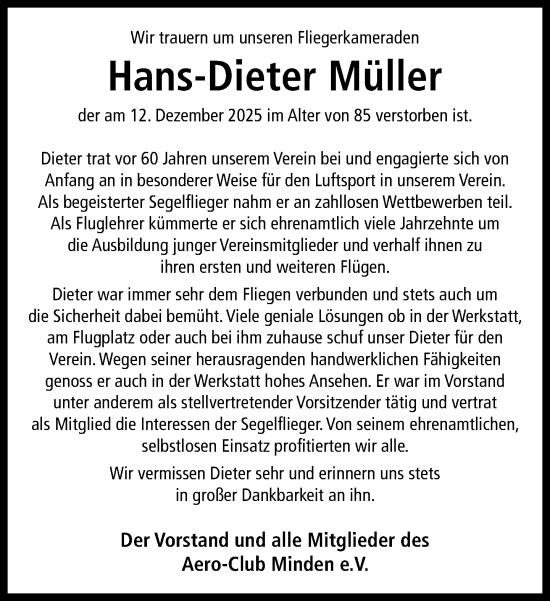 Traueranzeige von Hans-Dieter Müller von Neue Westfälische und Westfalen-Blatt