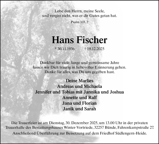 Traueranzeige von Hans Fischer von Neue Westfälische und Westfalen-Blatt
