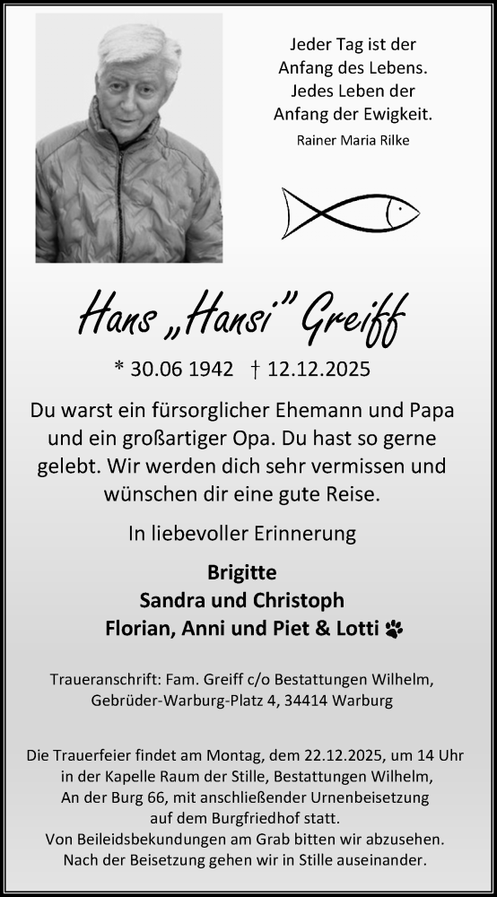  Traueranzeige für Hans Greiff vom 17.12.2025 aus Neue Westfälische und Westfalen-Blatt