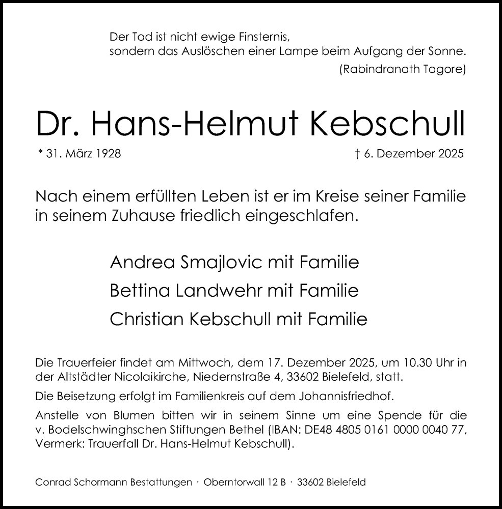  Traueranzeige für Hans-Helmut Kebschull vom 13.12.2025 aus Neue Westfälische und Westfalen-Blatt