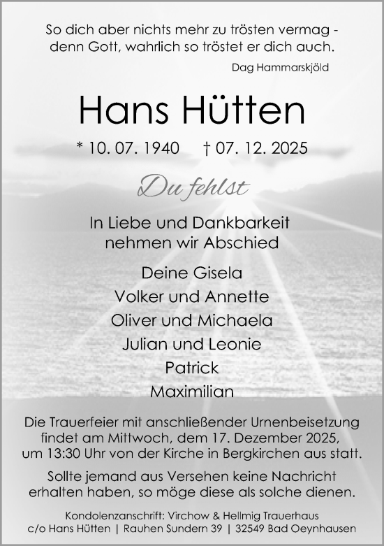 Traueranzeige von Hans Hütten von Neue Westfälische und Westfalen-Blatt