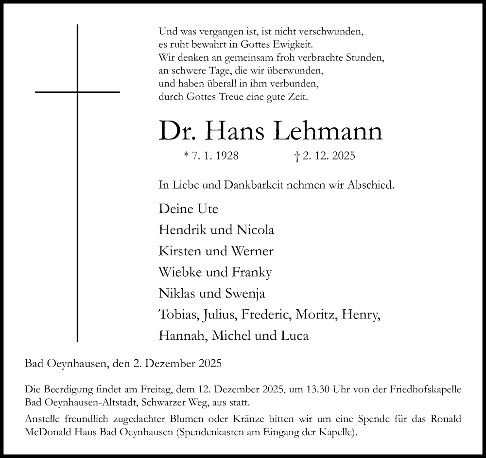  Traueranzeige für Hans Lehmann vom 06.12.2025 aus Neue Westfälische und Westfalen-Blatt