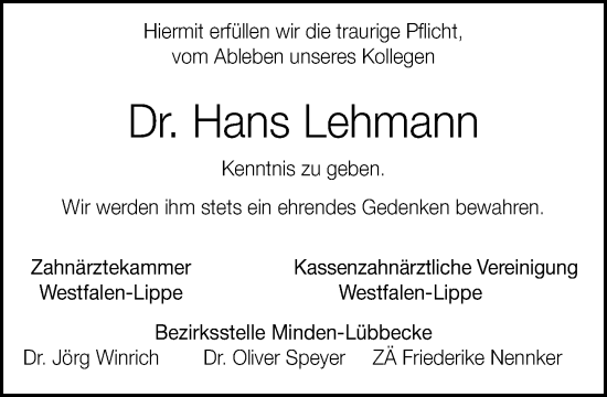 Traueranzeige von Hans Lehmann von Neue Westfälische und Westfalen-Blatt