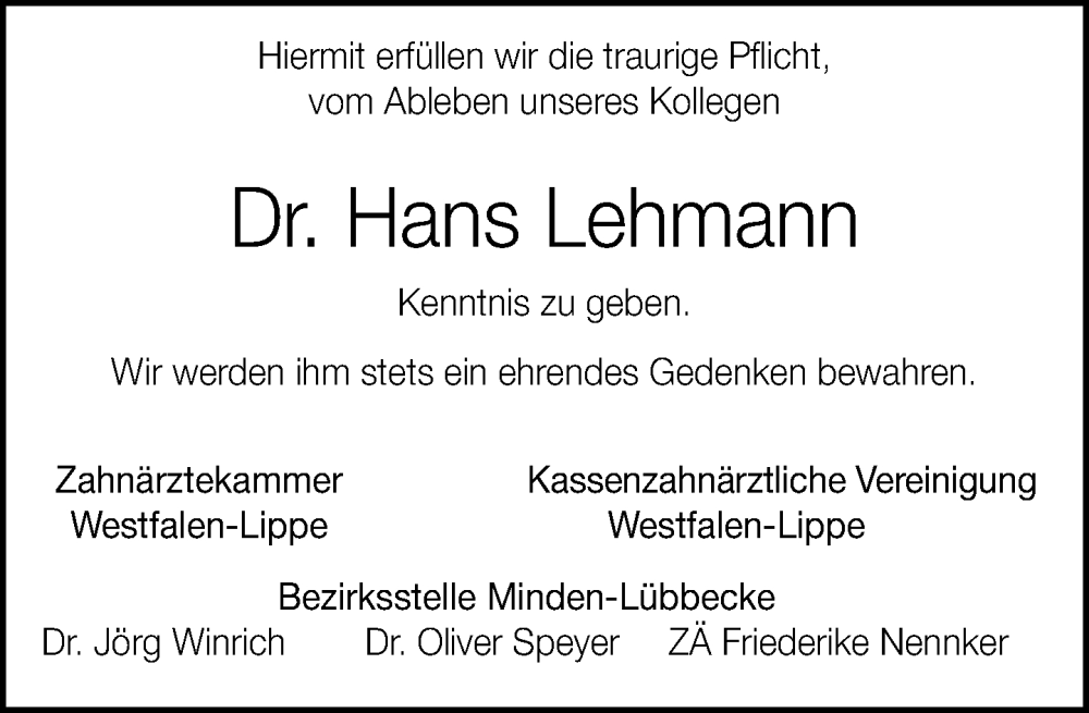  Traueranzeige für Hans Lehmann vom 10.12.2025 aus Neue Westfälische und Westfalen-Blatt