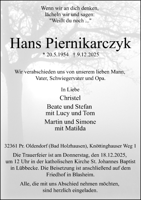 Traueranzeige von Hans Piernikarczyk von Neue Westfälische und Westfalen-Blatt