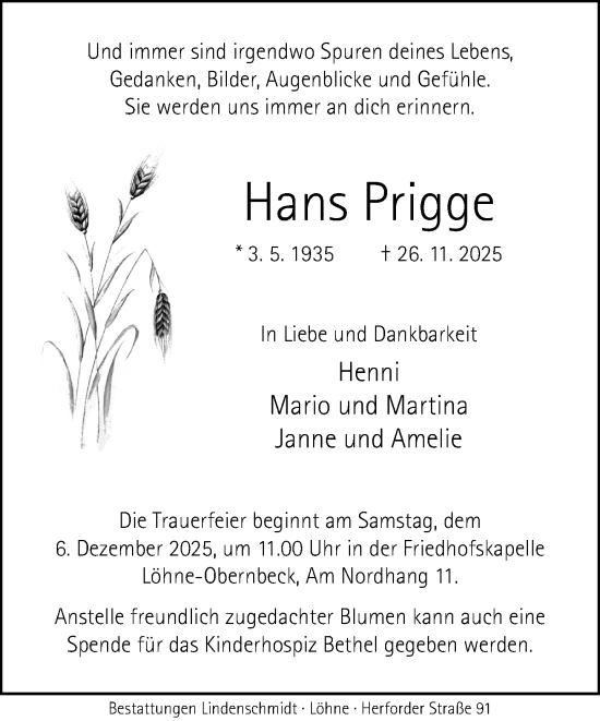 Traueranzeige von Hans Prigge von Neue Westfälische und Westfalen-Blatt