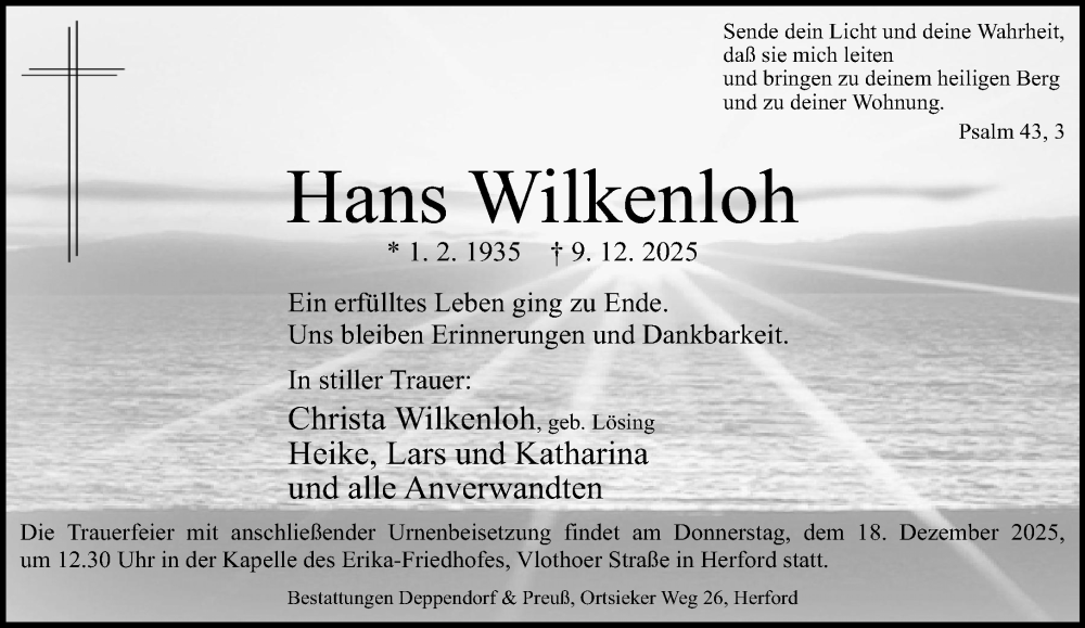  Traueranzeige für Hans Wilkenloh vom 13.12.2025 aus Neue Westfälische und Westfalen-Blatt
