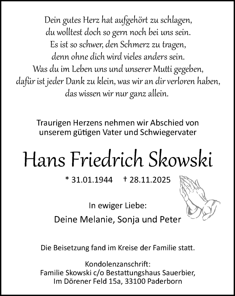  Traueranzeige für Hans Friedrich Skowski vom 20.12.2025 aus Neue Westfälische und Westfalen-Blatt