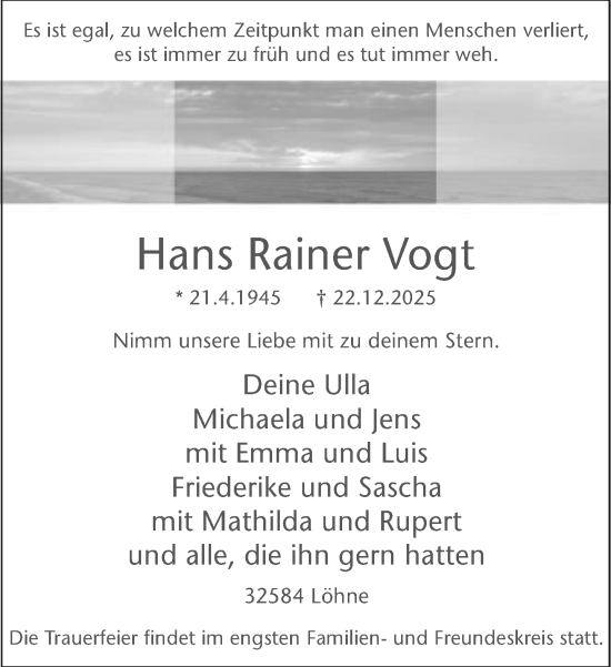 Traueranzeige von Hans Rainer Vogt von Neue Westfälische und Westfalen-Blatt