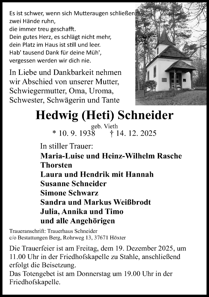  Traueranzeige für Hedwig Schneider vom 17.12.2025 aus Neue Westfälische und Westfalen-Blatt