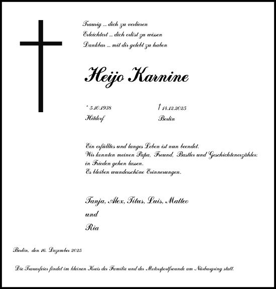 Traueranzeige von Heijo Karnine von Neue Westfälische und Westfalen-Blatt