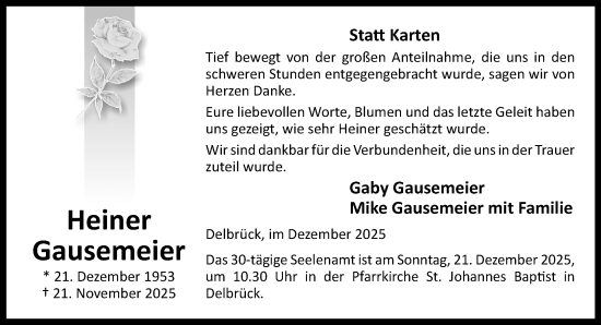 Traueranzeige von Heiner Gausemeier von Neue Westfälische und Westfalen-Blatt