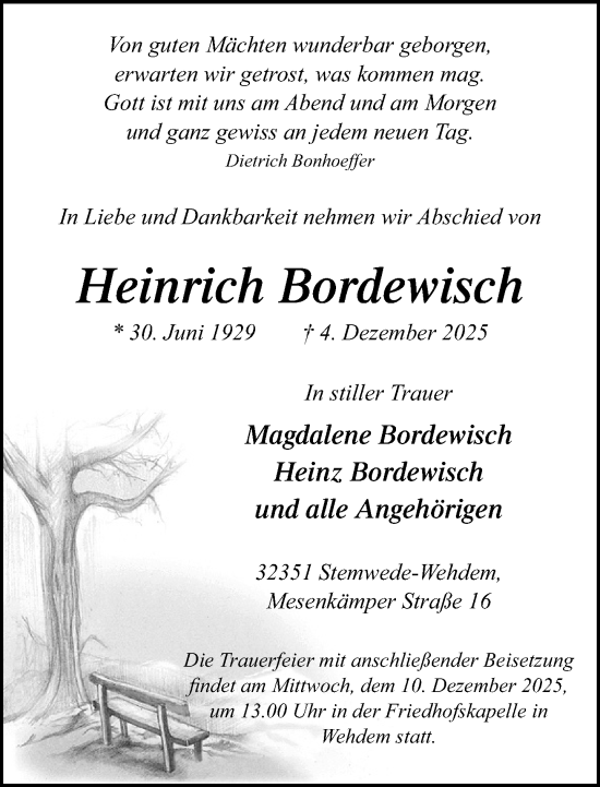 Traueranzeige von Heinrich Bordewisch von Neue Westfälische und Westfalen-Blatt