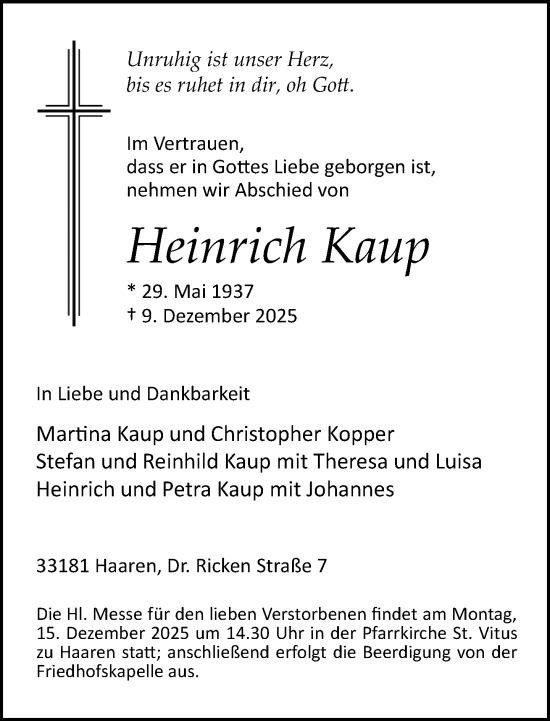 Traueranzeige von Heinrich Kaup von Neue Westfälische und Westfalen-Blatt