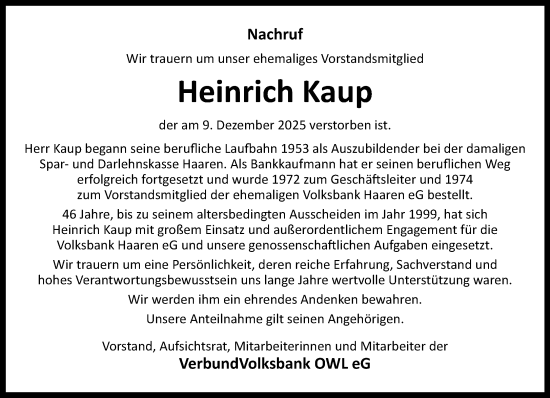 Traueranzeige von Heinrich Kaup von Neue Westfälische und Westfalen-Blatt