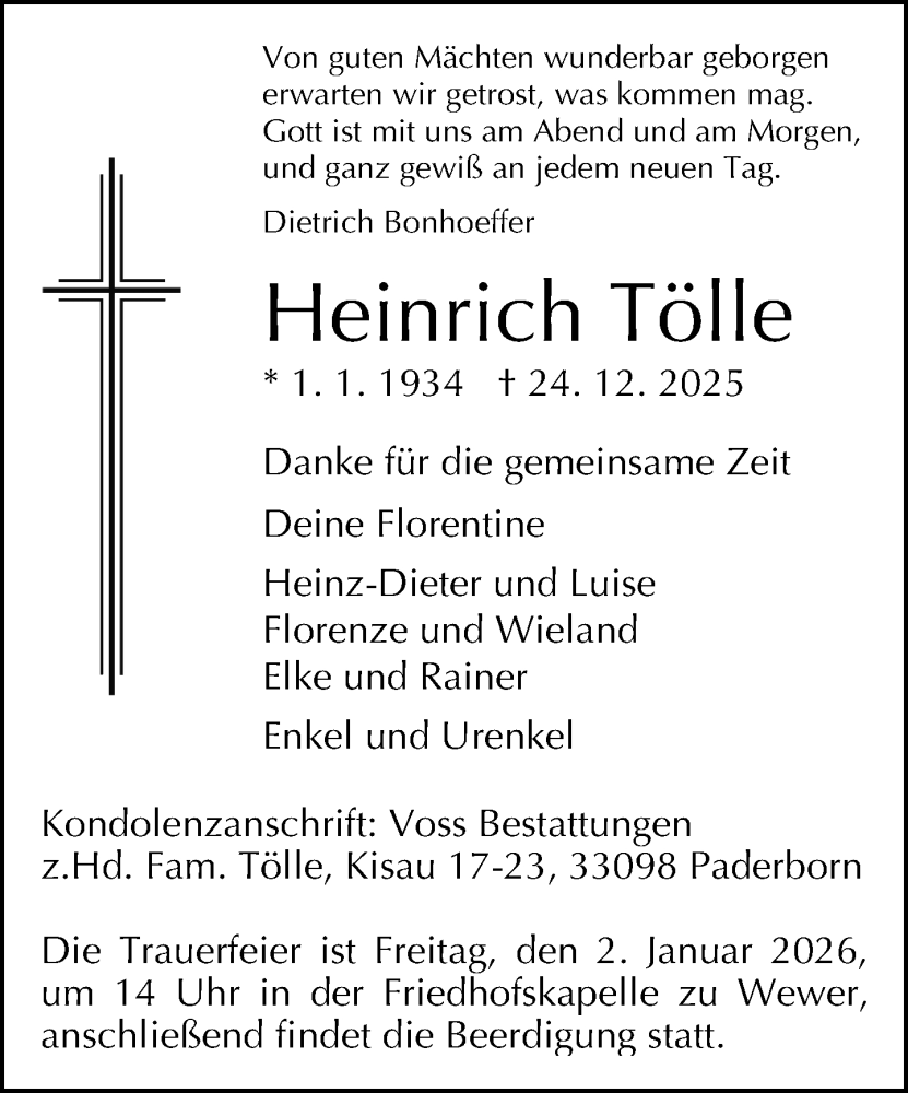  Traueranzeige für Heinrich Tölle vom 31.12.2025 aus Neue Westfälische und Westfalen-Blatt