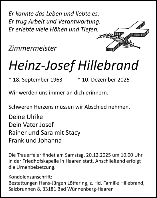 Traueranzeige von Heinz-Josef Hillebrand von Neue Westfälische und Westfalen-Blatt