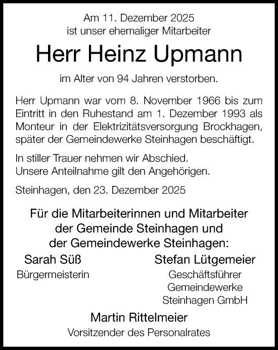 Traueranzeige von Heinz Upmann von Neue Westfälische und Westfalen-Blatt