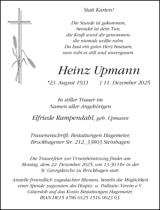 Traueranzeige von Heinz Upmann von Neue Westfälische und Westfalen-Blatt