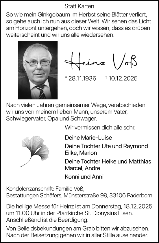 Traueranzeige von Heinz Voß von Neue Westfälische und Westfalen-Blatt