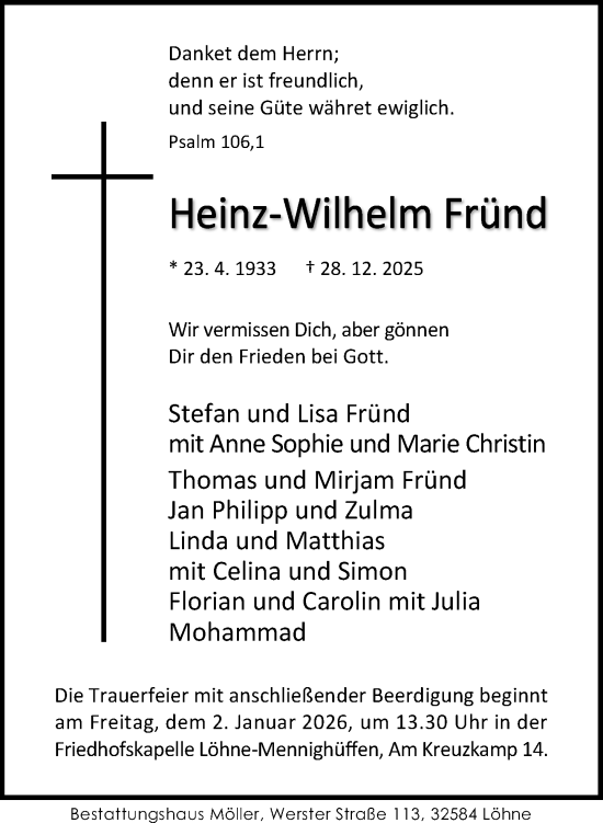 Traueranzeige von Heinz-Wilhelm Fründ von Neue Westfälische und Westfalen-Blatt