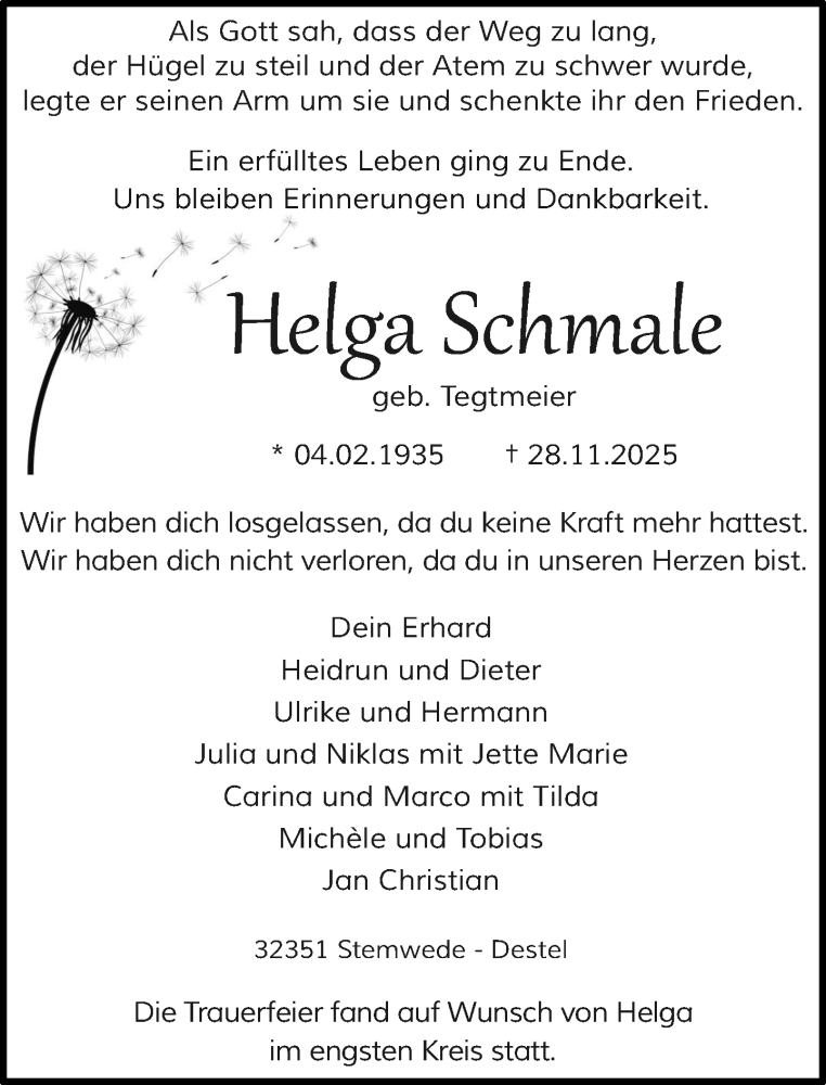  Traueranzeige für Helga Schmale vom 05.12.2025 aus Neue Westfälische und Westfalen-Blatt
